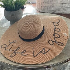 Wide-Brim Straw Sun Hat - Life is Good Script - Tan with Black Band
